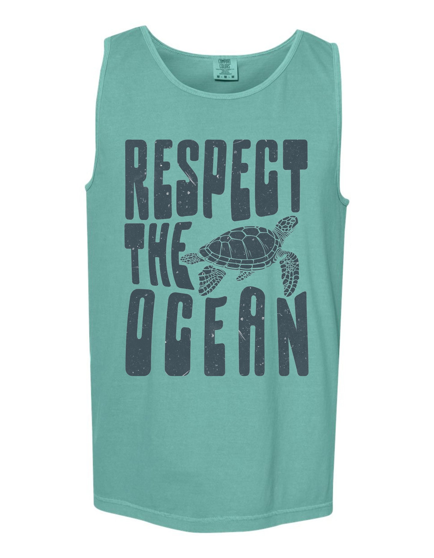 A turquoise tank top with the text "RESPECT THE OCEAN" printed on it, along with a graphic of a turtle.