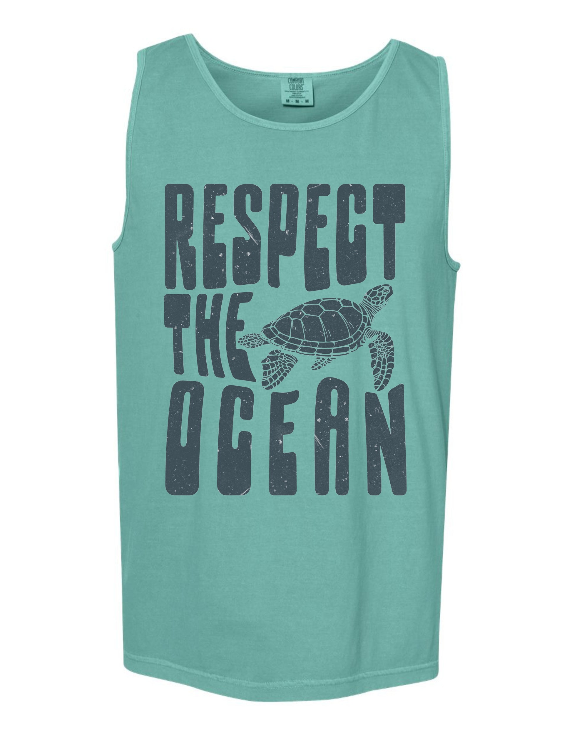 A turquoise tank top with the text "RESPECT THE OCEAN" printed on it, along with a graphic of a turtle.