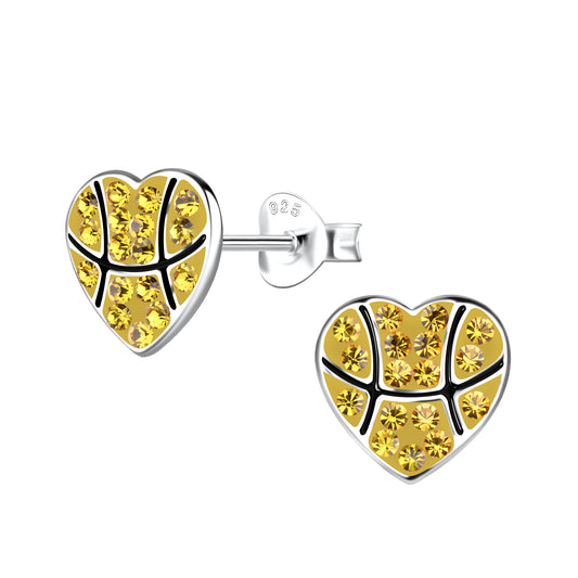 a pair of earrings with a basketball ball in the shape of a heart