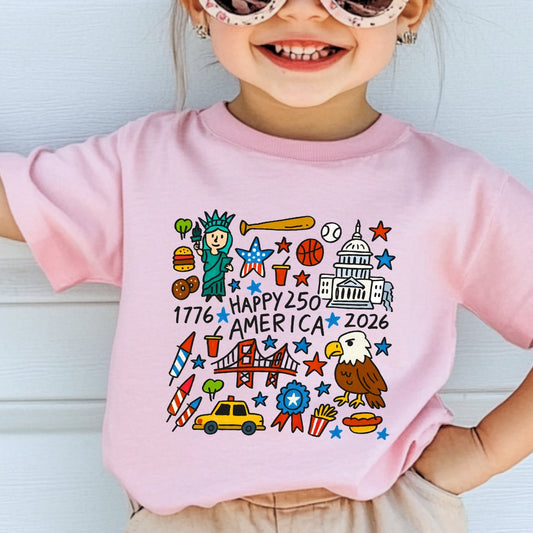 Happy 250 America Kids T-Shirt | Patriotic Doodle Toddler & Youth Tee