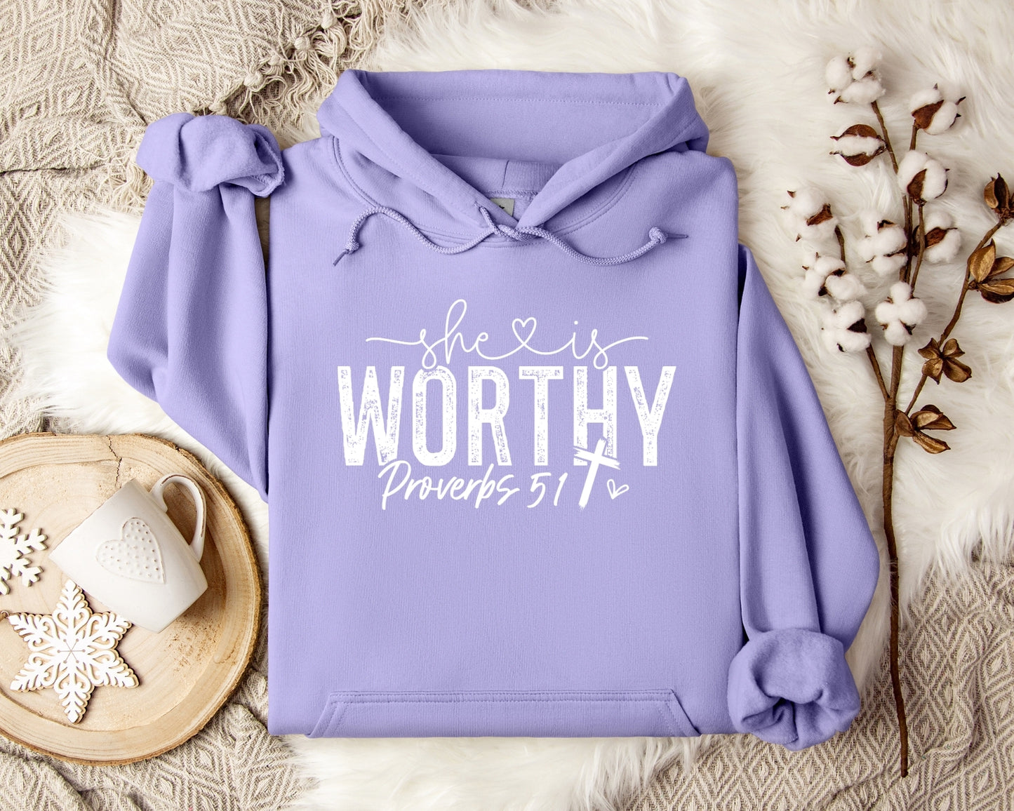 She is Worthy Religious Bible Verse Hooded Sweatshirt White Writing