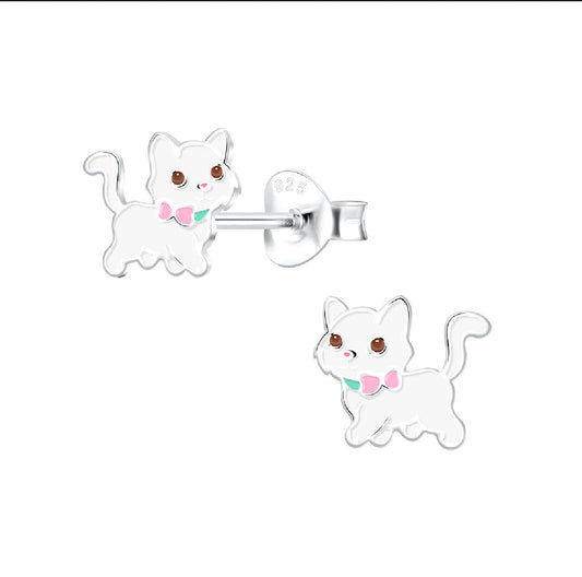 White Kitten with Pink Bow Sterling Silver Stud Earrings