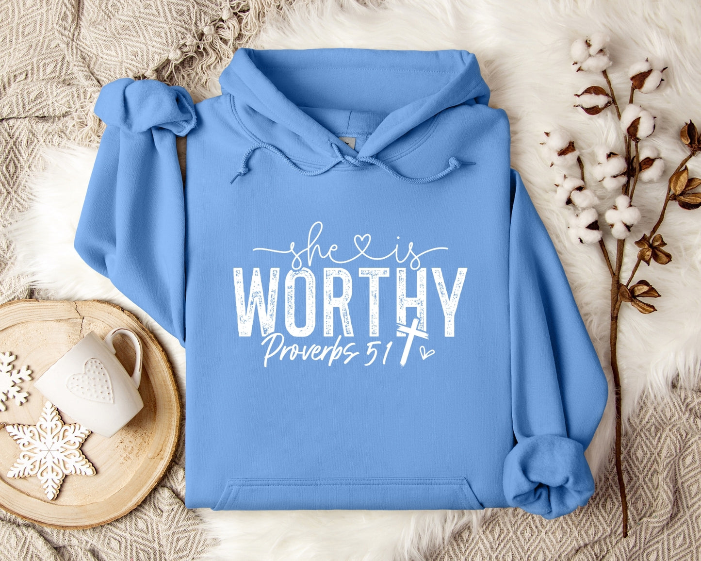 She is Worthy Religious Bible Verse Hooded Sweatshirt White Writing