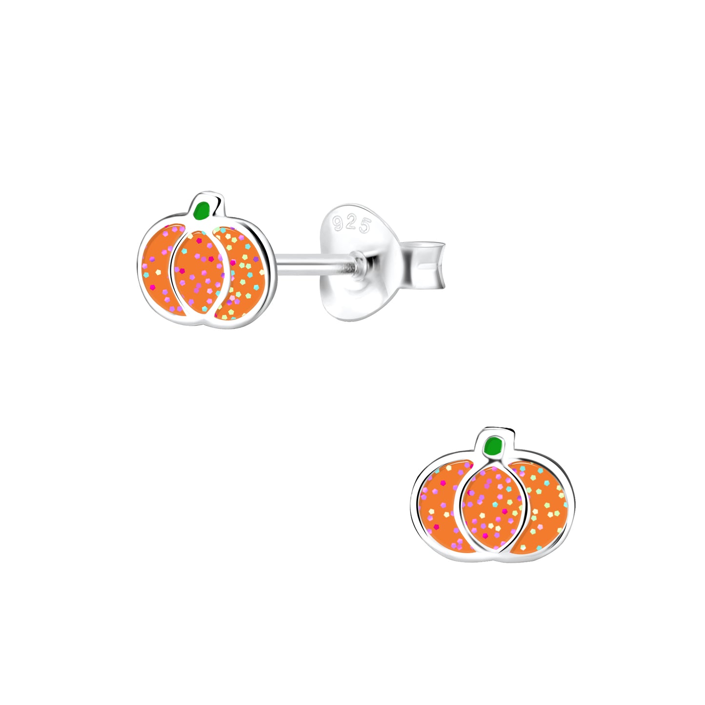 a pair of orange pumpkin earrings on a white background