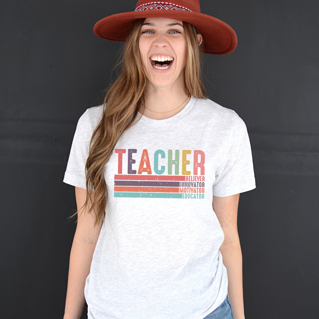 Teacher Believer Innovator Motivator Education Unisex Graphic Tee