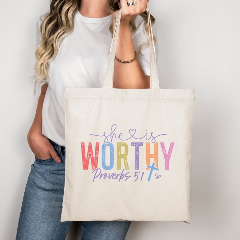 She is Worthy Religious Bible Verse Bag Colorful Lettering