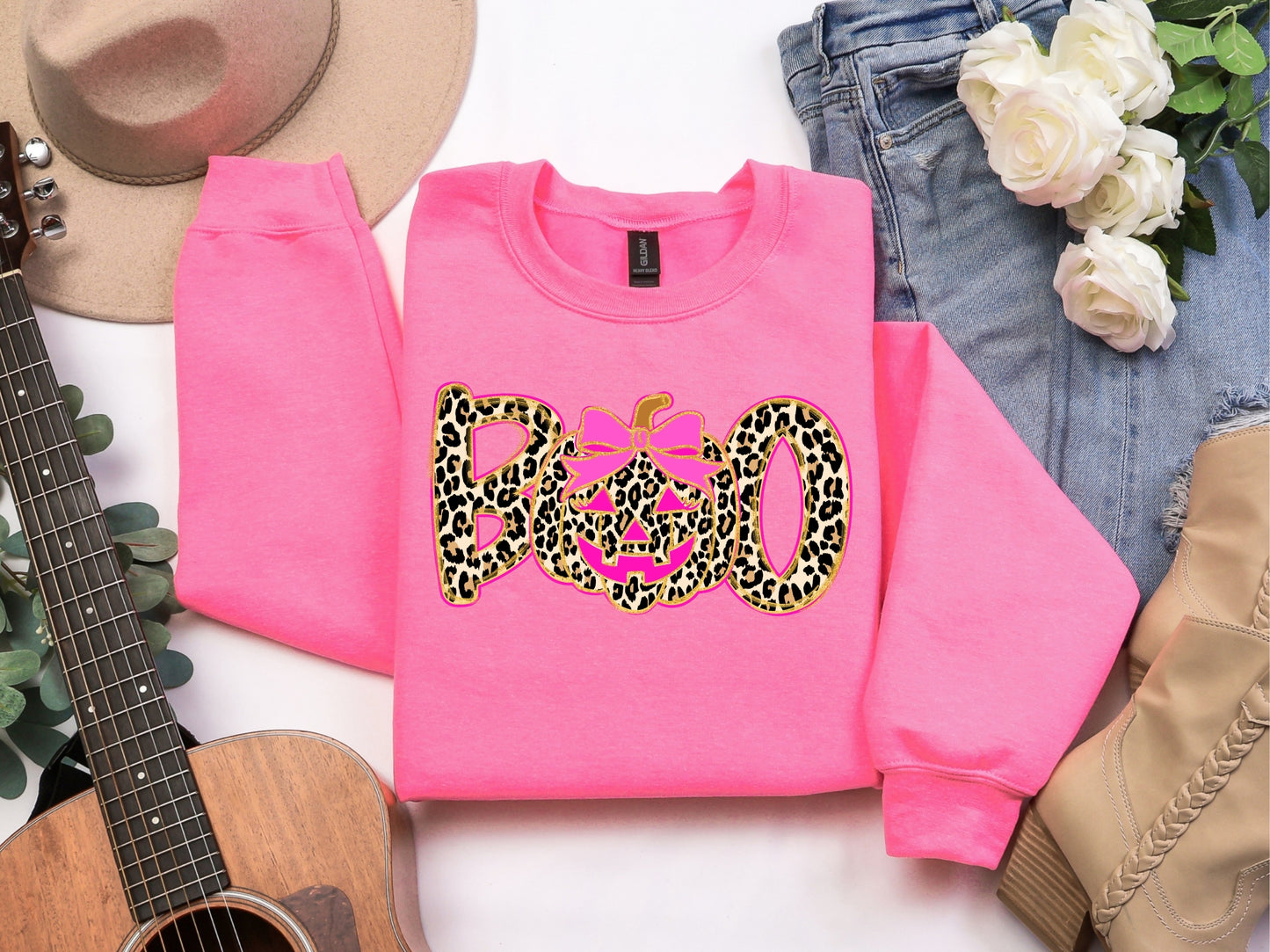 BOO Leopard Halloween Sweatshirt – Pink Pumpkin, Cozy
