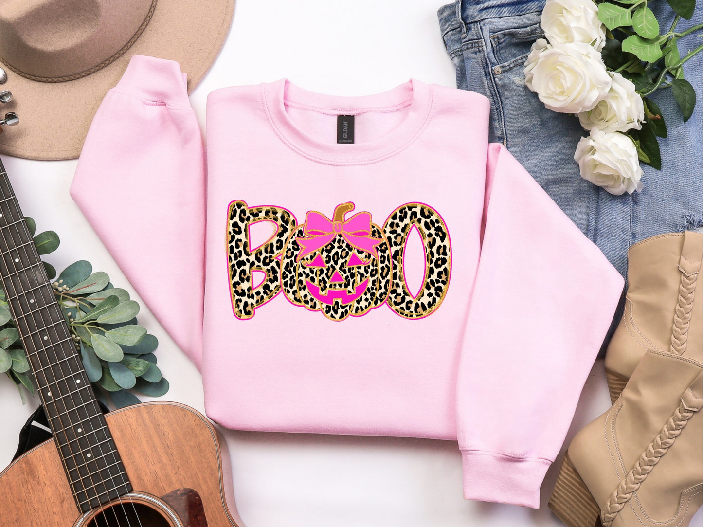 BOO Leopard Halloween Sweatshirt – Pink Pumpkin, Cozy