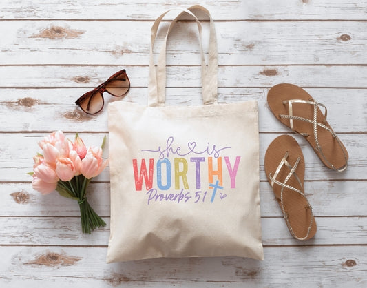 She is Worthy Religious Bible Verse Bag Colorful Lettering