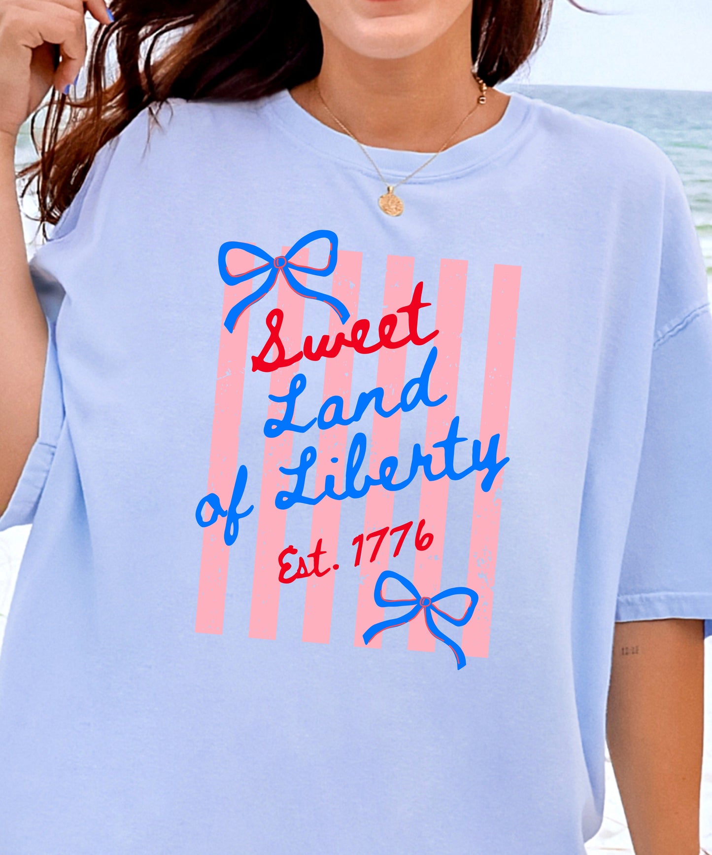 Sweet Land of Liberty Patriotic T-Shirt | Coquette Bow Comfort Colors Tee