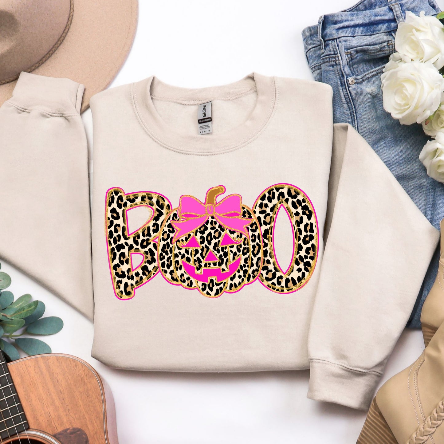 BOO Leopard Halloween Sweatshirt – Pink Pumpkin, Cozy