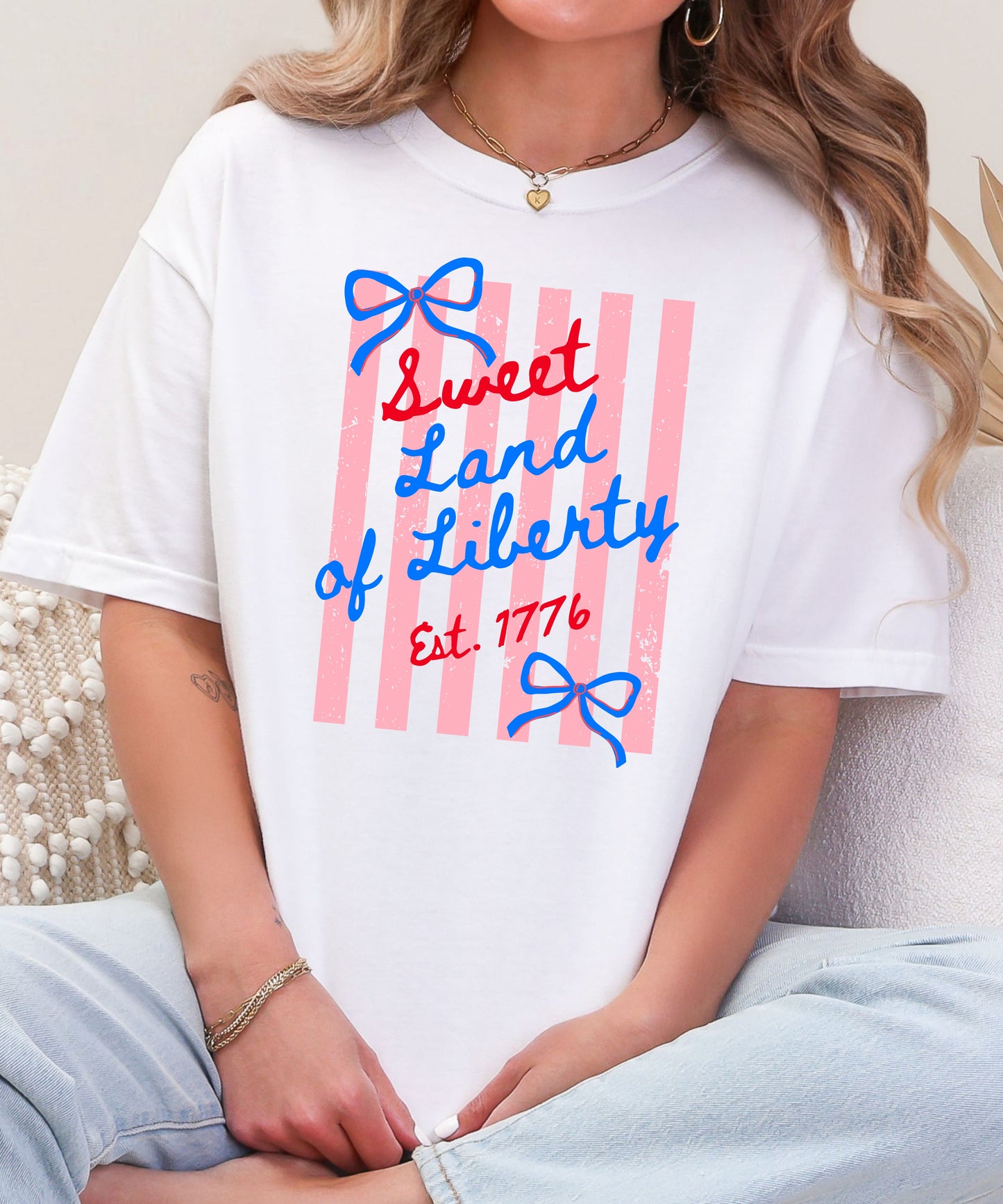 Sweet Land of Liberty Patriotic T-Shirt | Coquette Bow Comfort Colors Tee