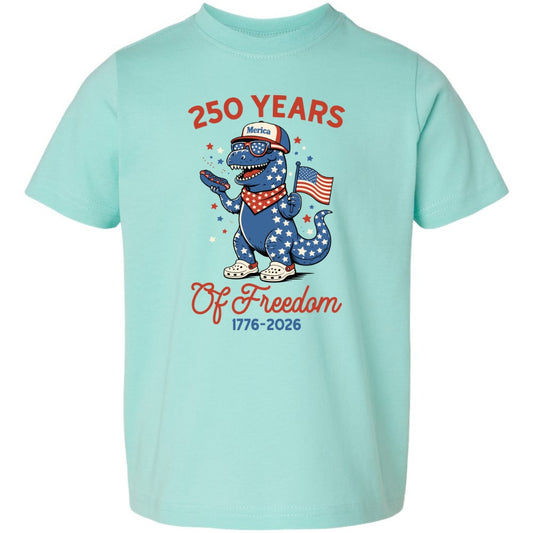 Kids 250 Years of Freedom T-Shirt | Patriotic Dinosaur Toddler & Youth Tee