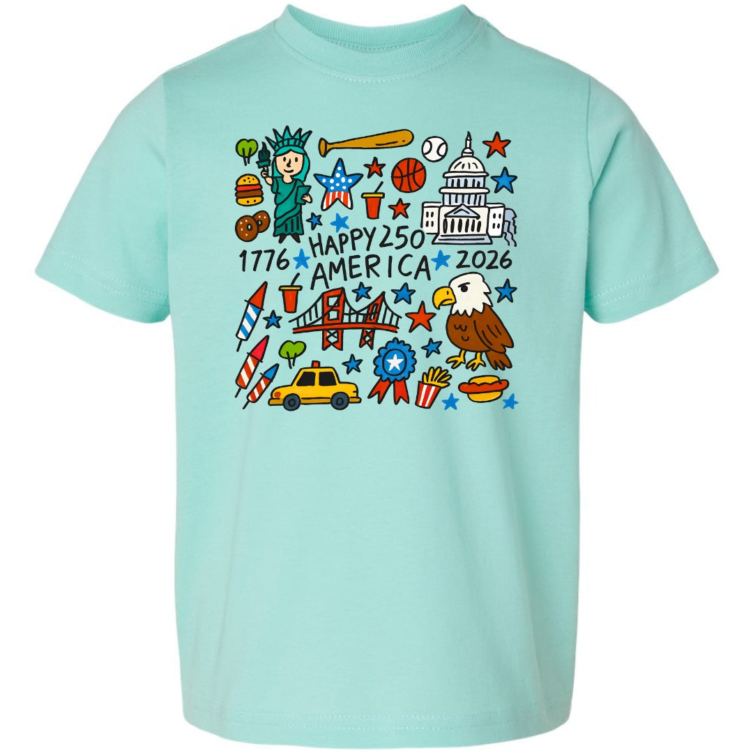 Happy 250 America Kids T-Shirt | Patriotic Doodle Toddler & Youth Tee