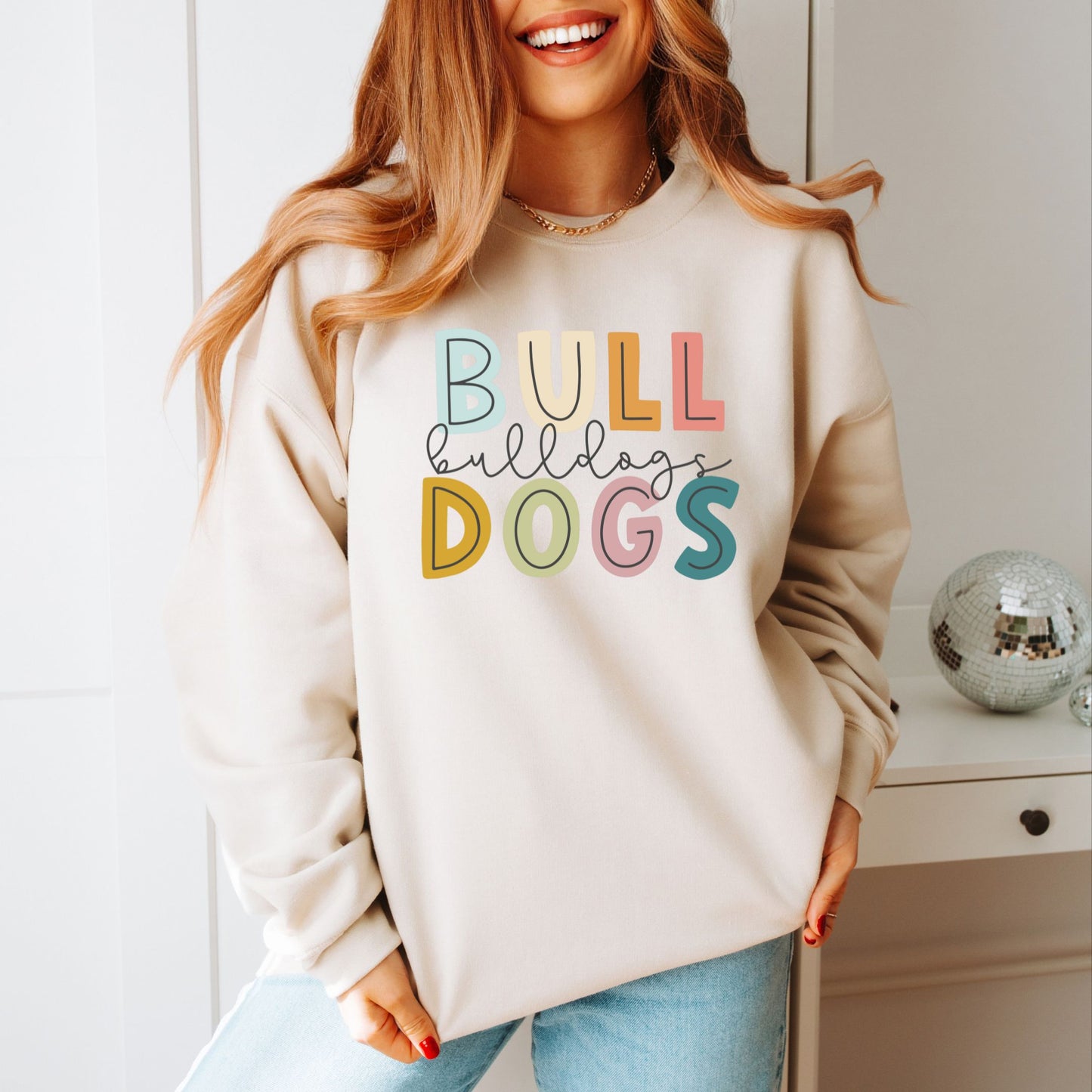 Colorful Bulldogs Sweatshirt with Print and Cursive