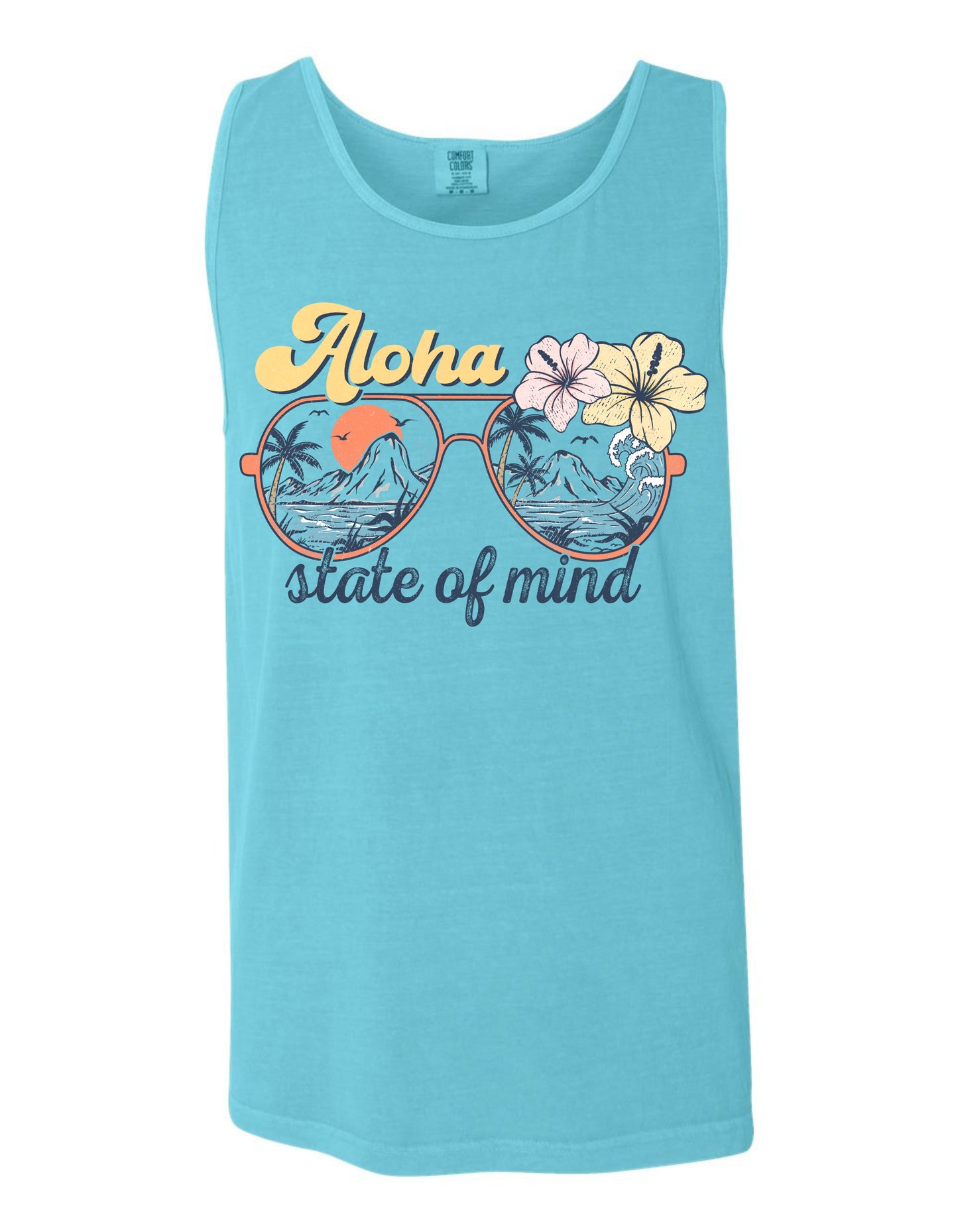 A turquoise tank top with a graphic design featuring sunglasses with tropical flowers and the text "Aloha state of mind".