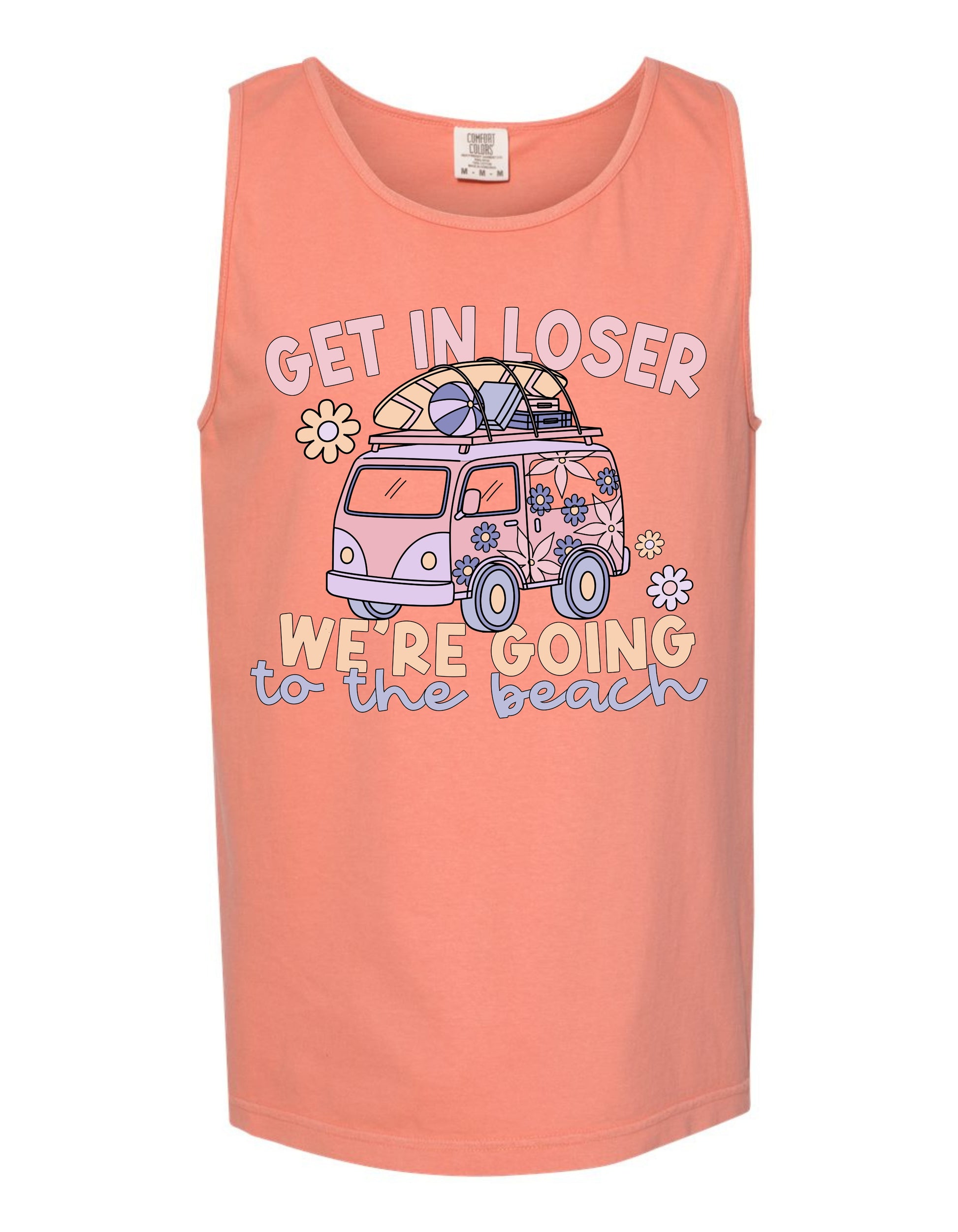 The image is a tank top with a graphic design featuring a van or truck with a surfboard on top, along with the text "GET IN LOSER WE'RE GOING TO THE BEACH".