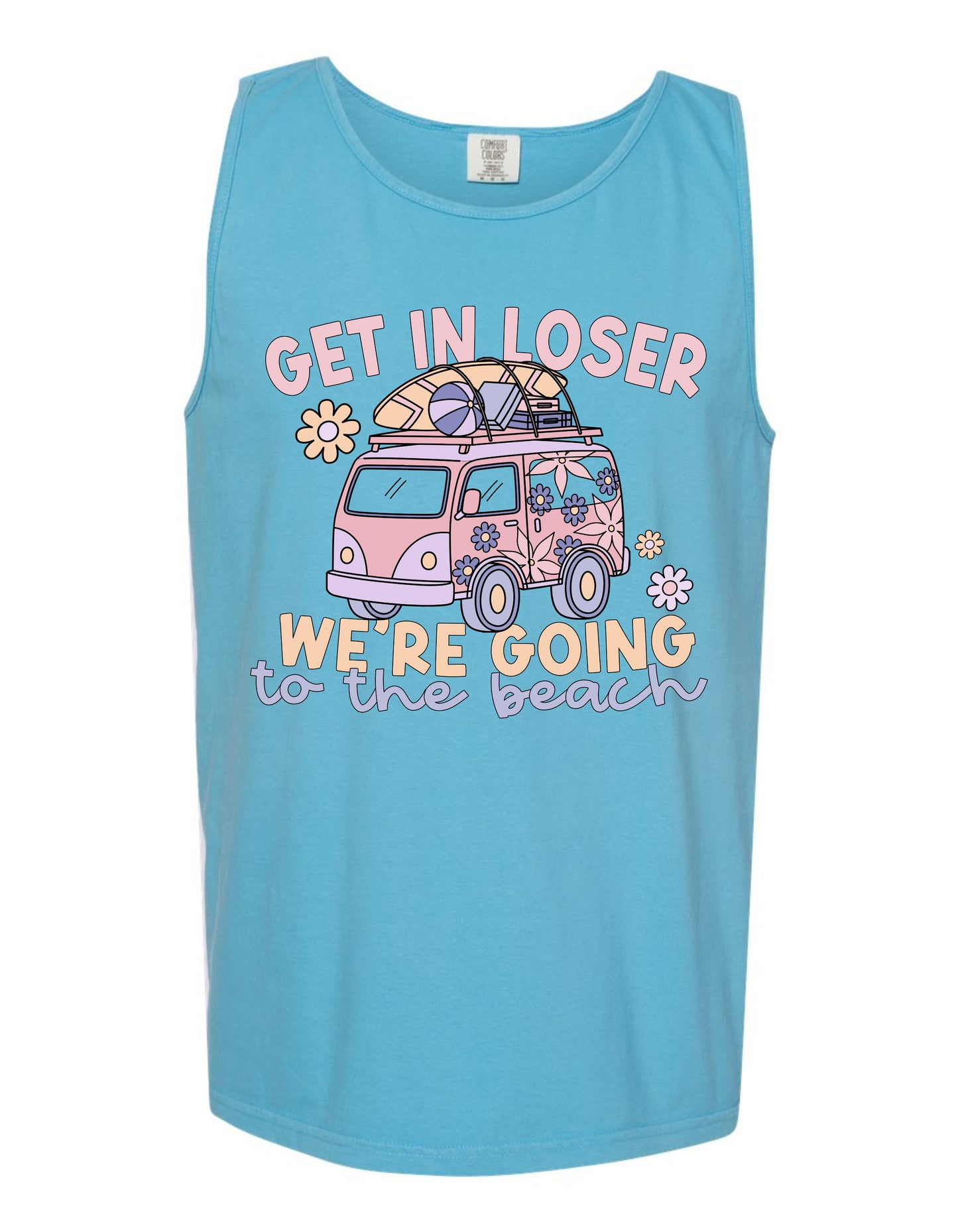 A blue tank top with a graphic design depicting a pink van with a surfboard on top, along with the text "GET IN LOSER WE'RE GOING TO THE BEACH" printed on it.