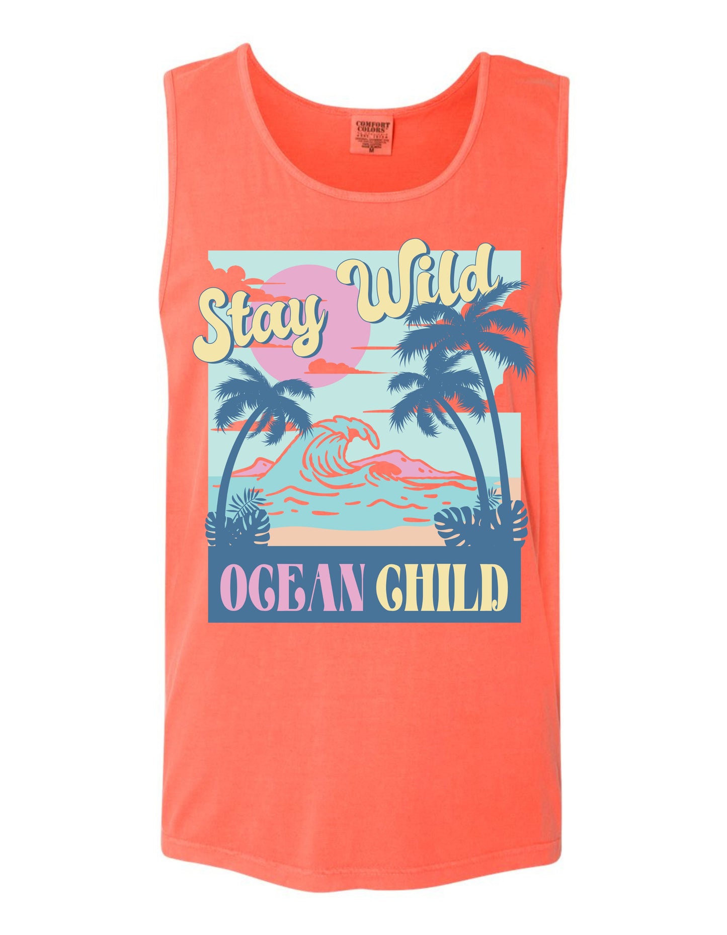 The image is a bright orange tank top with a graphic design featuring palm trees, a sunset, and the text "Stay Wild OCEAN CHILD" printed on it.