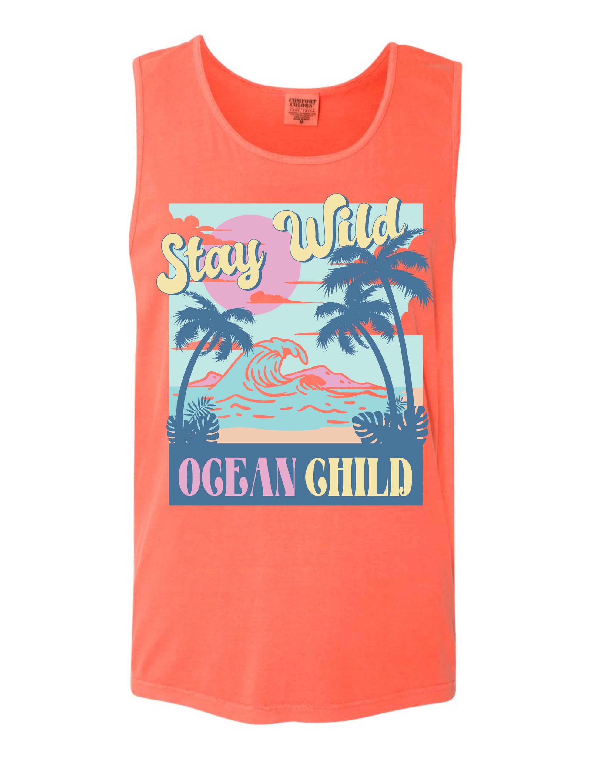 The image is a bright orange tank top with a graphic design featuring palm trees, a sunset, and the text "Stay Wild OCEAN CHILD" printed on it.