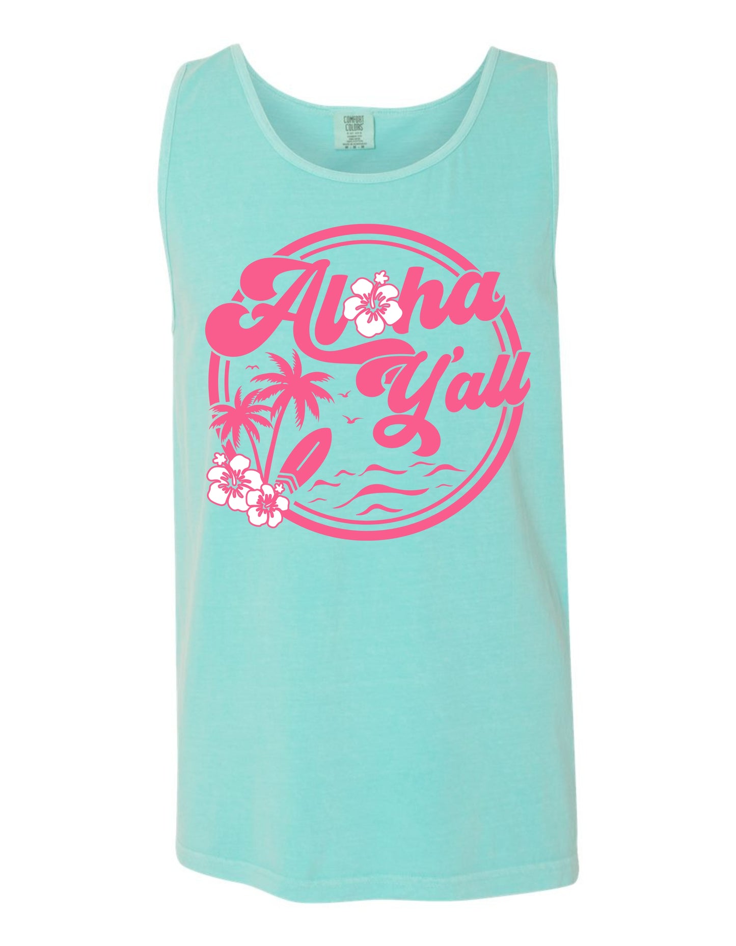 A turquoise tank top with a circular graphic design featuring palm trees, flowers, and the text "Aloha Y'all" in pink.