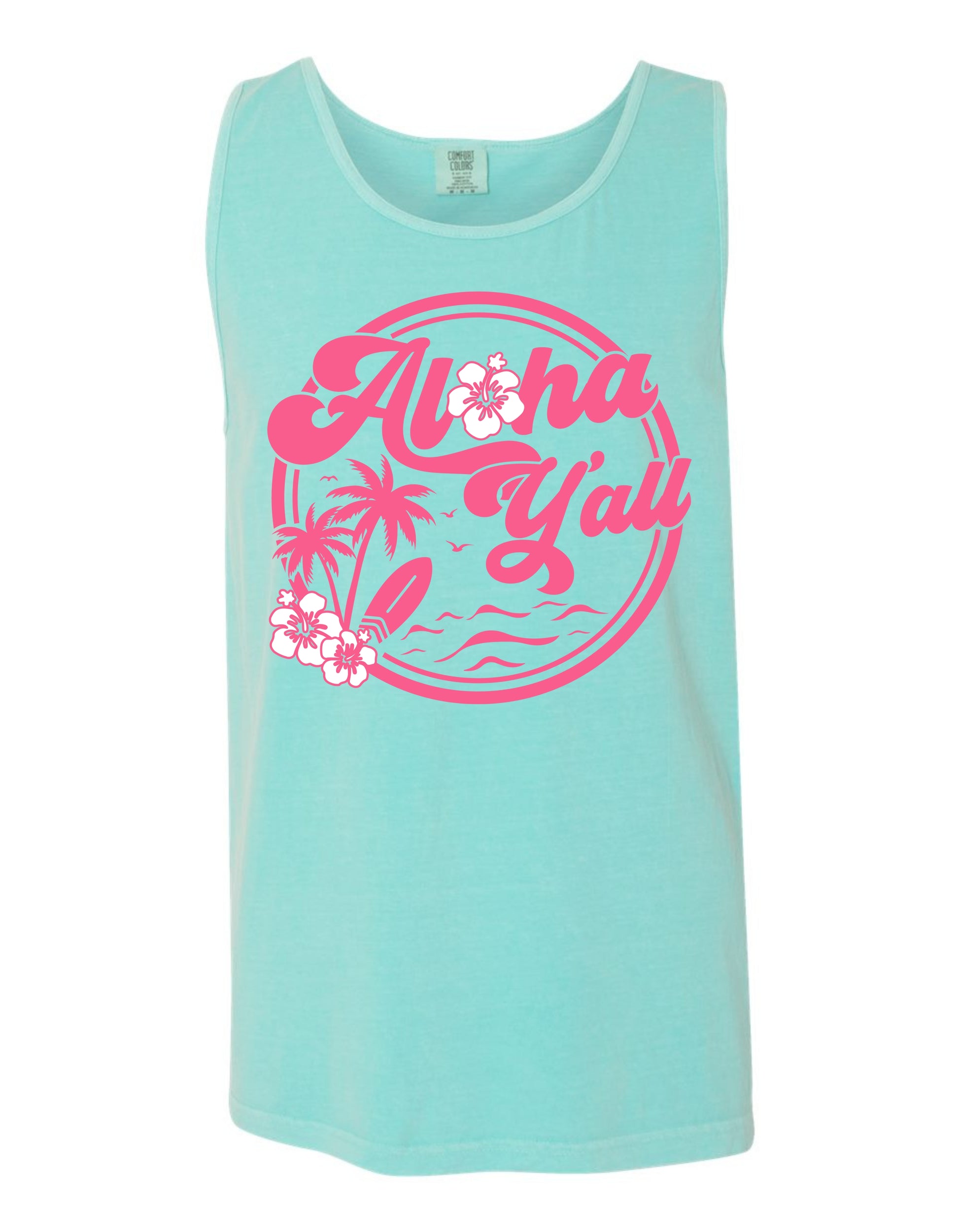 A turquoise tank top with a circular graphic design featuring palm trees, flowers, and the text "Aloha Y'all" in pink.
