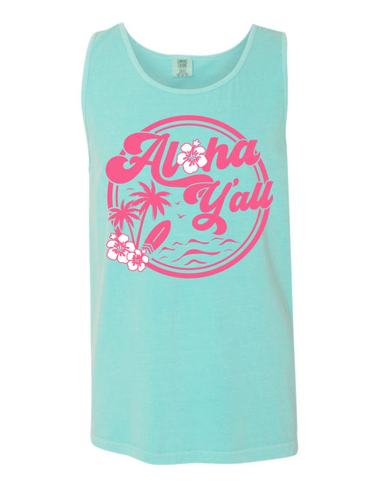 A turquoise tank top with a circular graphic design featuring palm trees, flowers, and the text "Aloha Y'all" in pink.