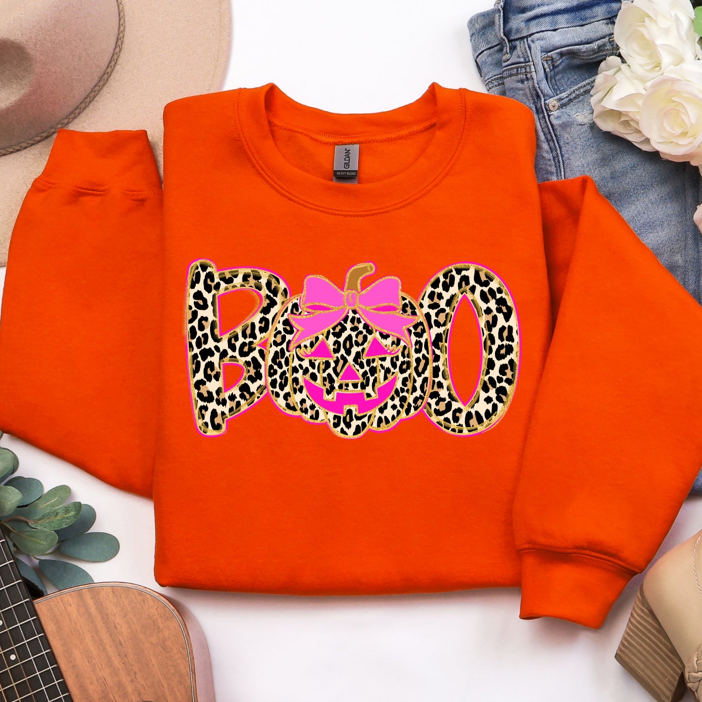 BOO Leopard Halloween Sweatshirt – Pink Pumpkin, Cozy