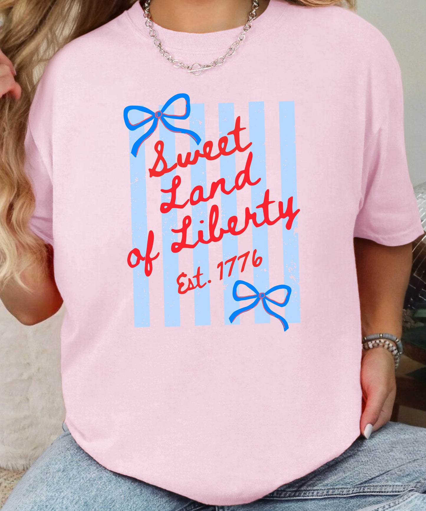 Sweet Land of Liberty Patriotic T-Shirt | Coquette Bow Comfort Colors Tee