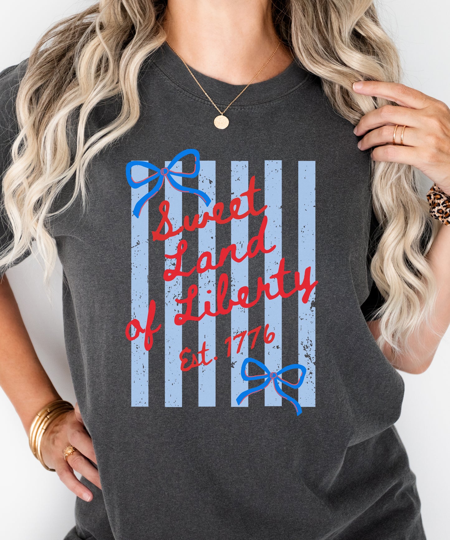 Sweet Land of Liberty Patriotic T-Shirt | Coquette Bow Comfort Colors Tee