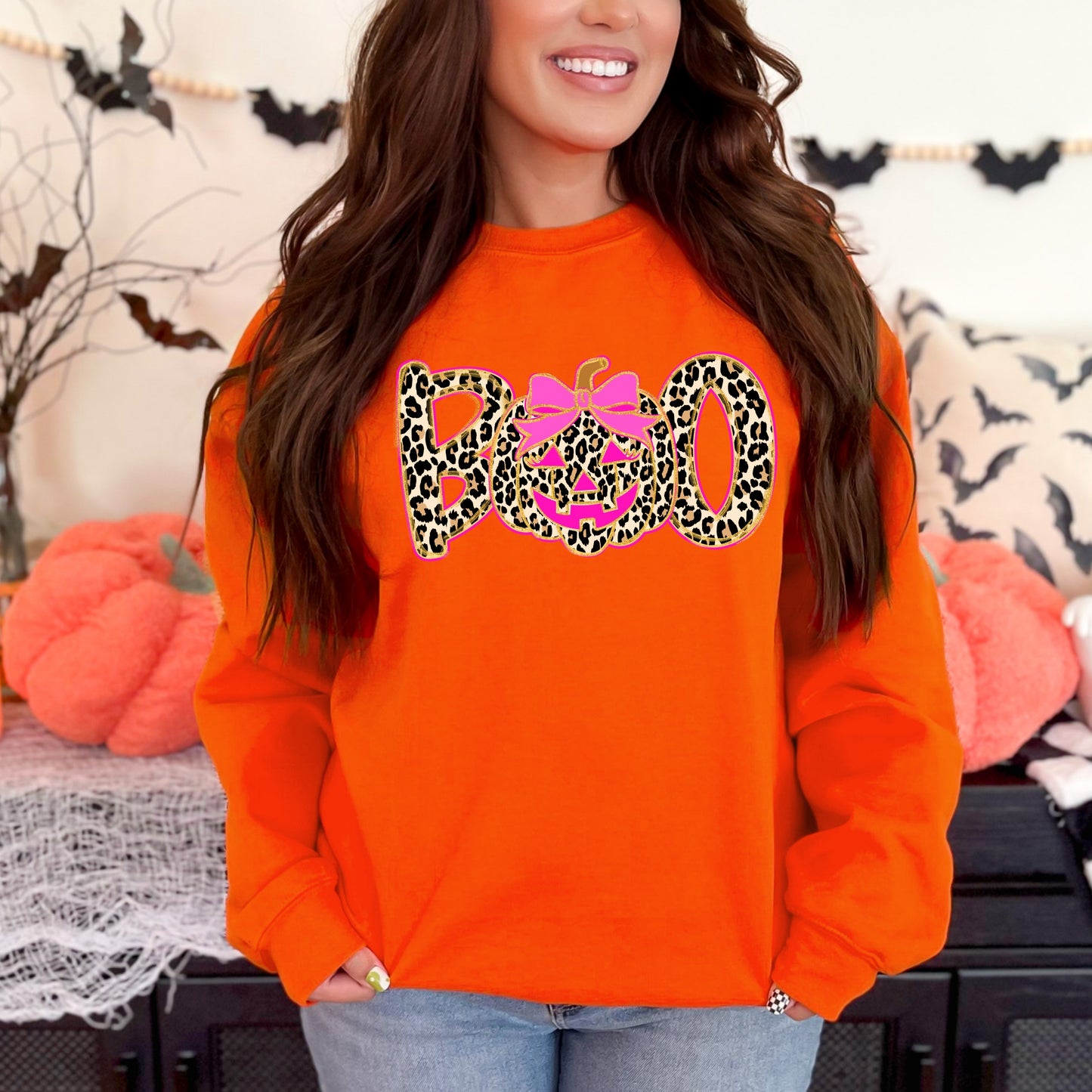 BOO Leopard Halloween Sweatshirt – Pink Pumpkin, Cozy