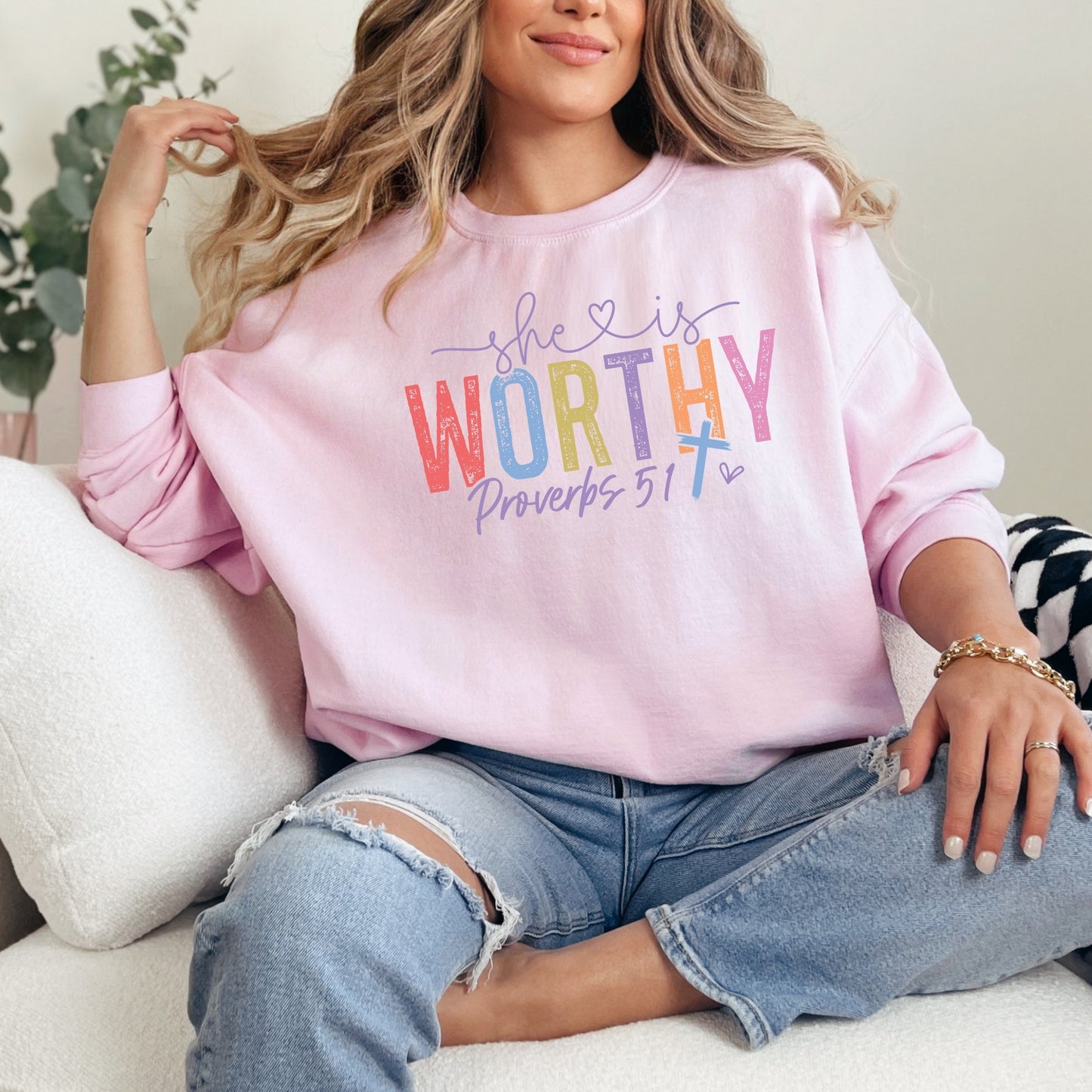 She is Worthy Religious Bible Verse Sweatshirt