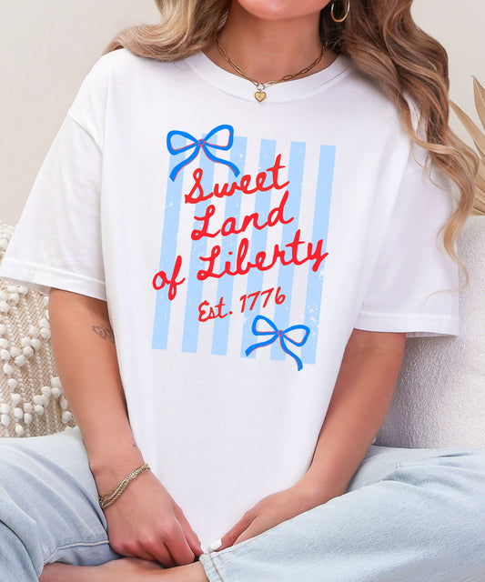 Sweet Land of Liberty Patriotic T-Shirt | Coquette Bow Comfort Colors Tee