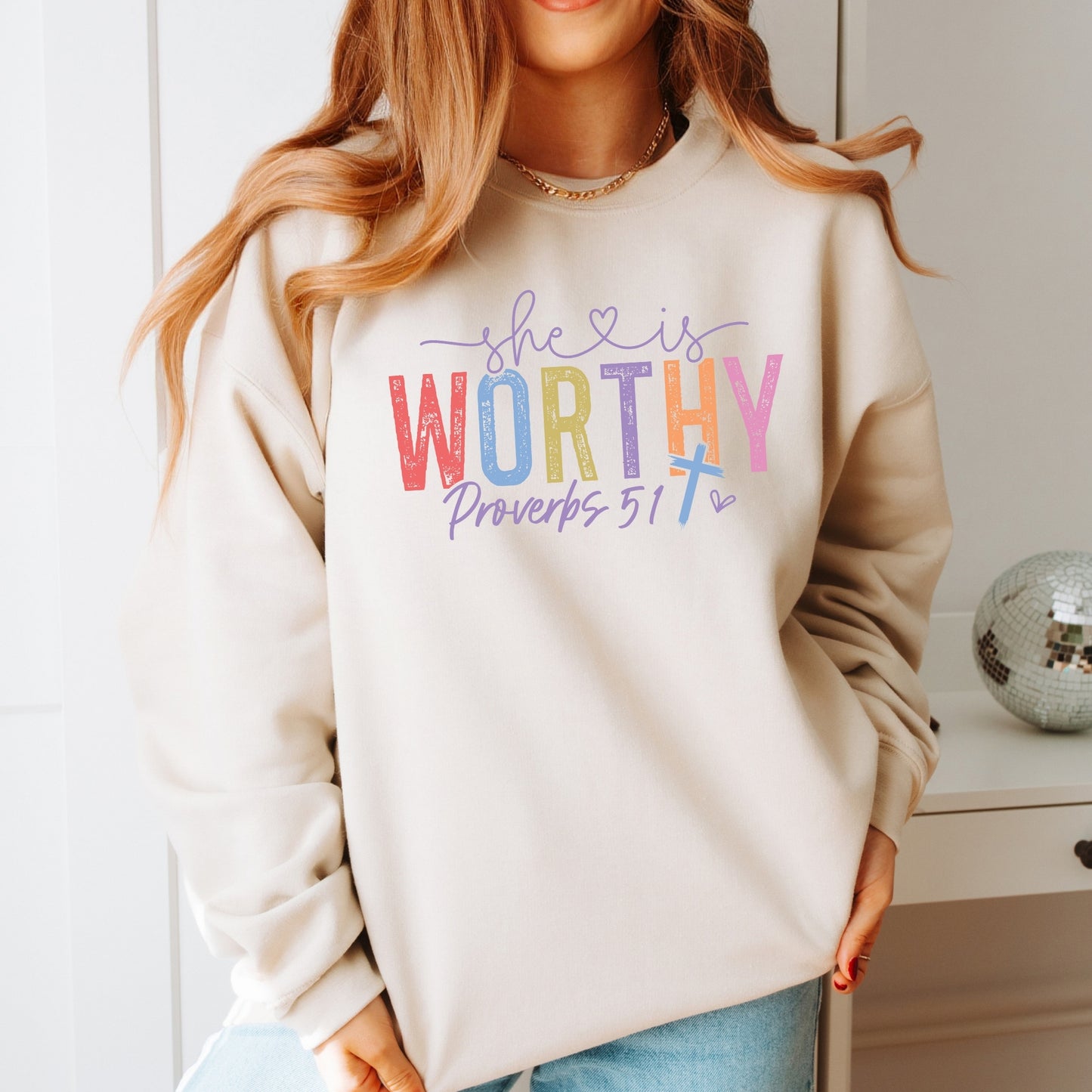 She is Worthy Religious Bible Verse Sweatshirt