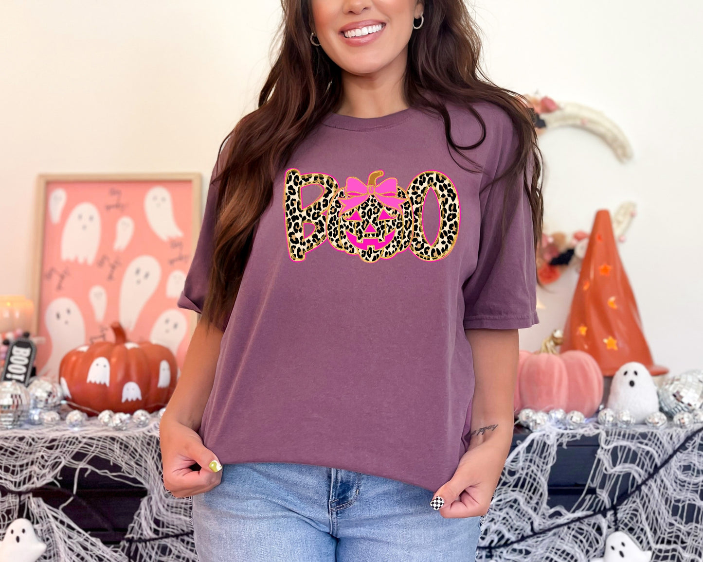BOO Leopard Halloween T-Shirt – Pink Pumpkin Graphic Tee