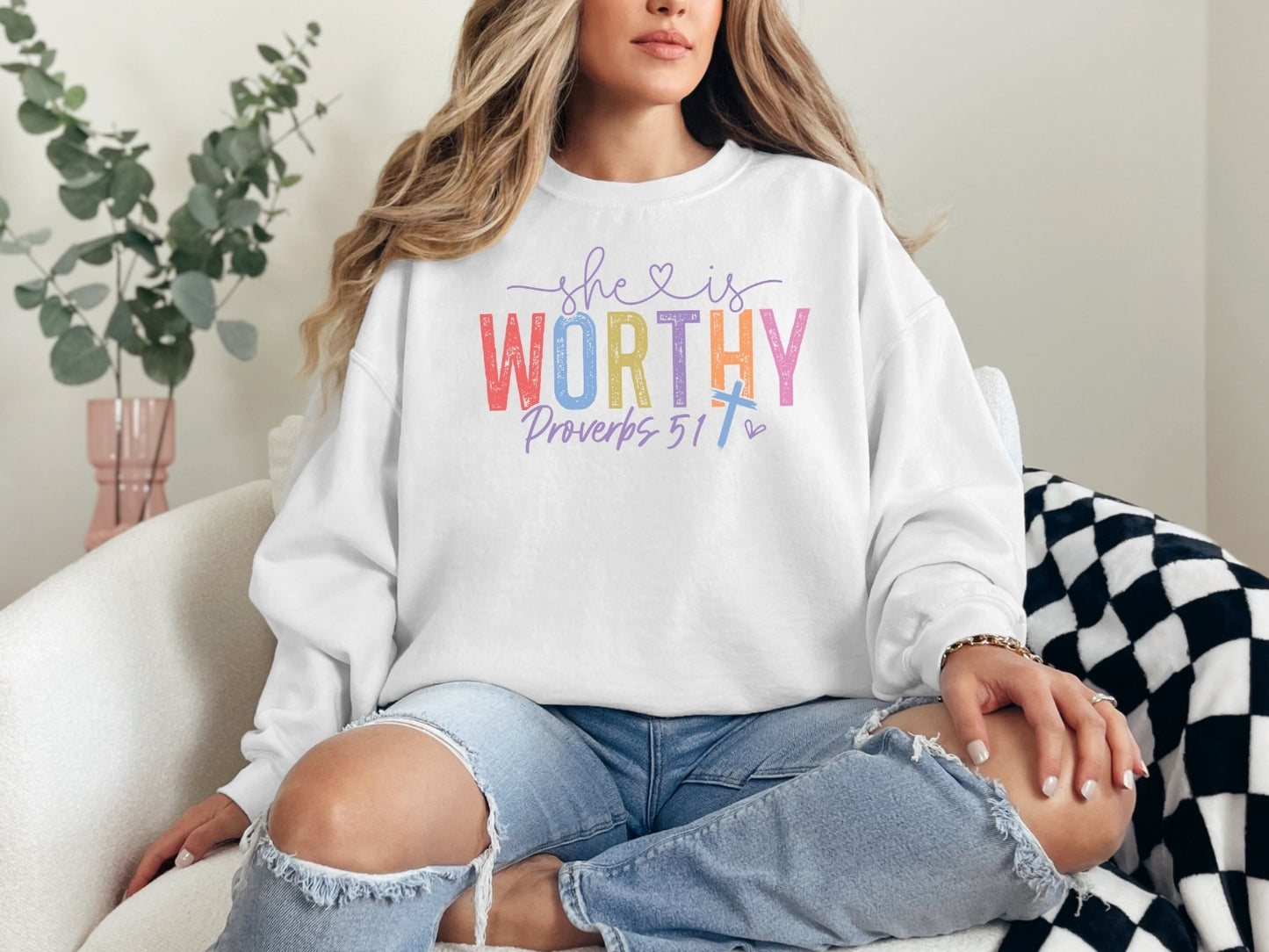 She is Worthy Religious Bible Verse Sweatshirt