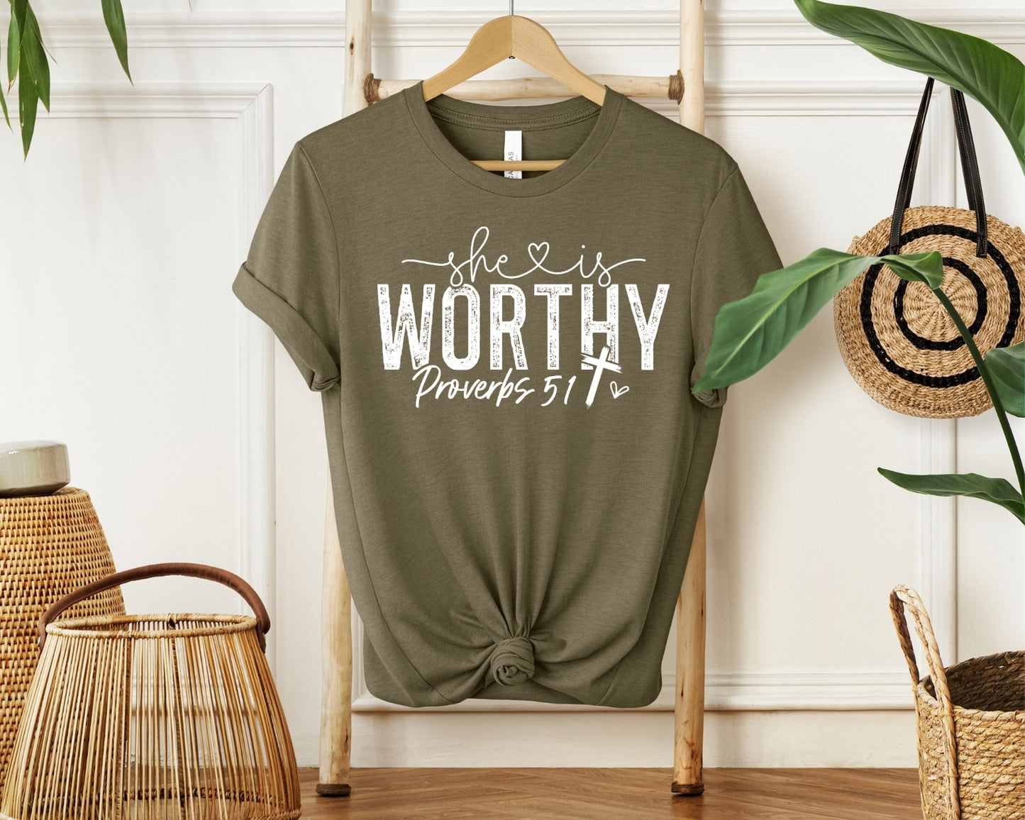 She is Worthy Religious Bible Verse T-shirt White Writing