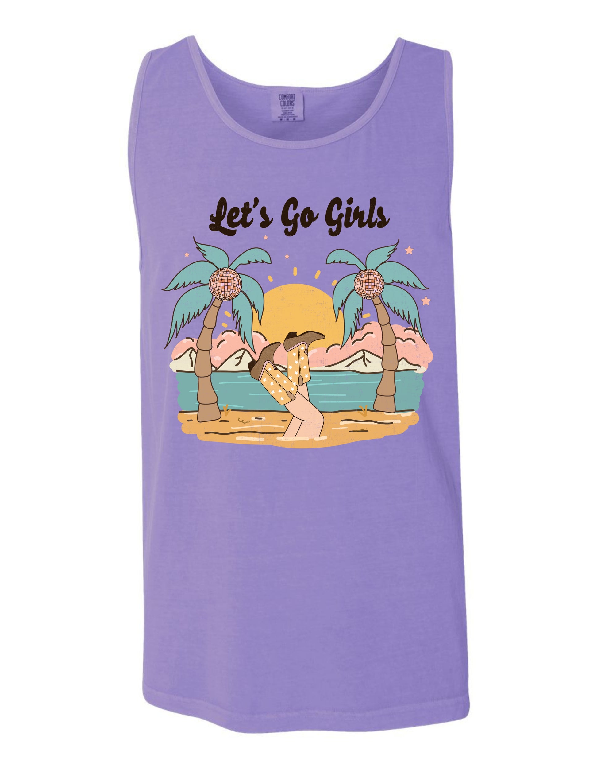 A purple tank top with a graphic design depicting a beach scene with palm trees, a sunset, and a person sitting on the sand.