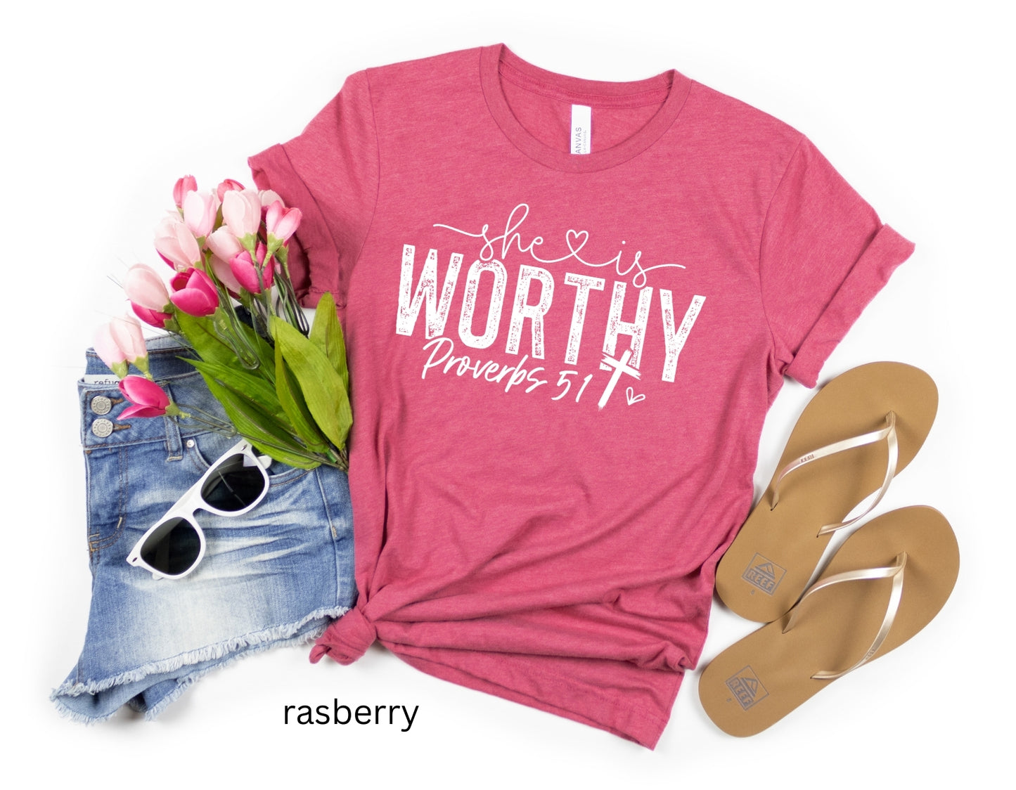 She is Worthy Religious Bible Verse T-shirt White Writing