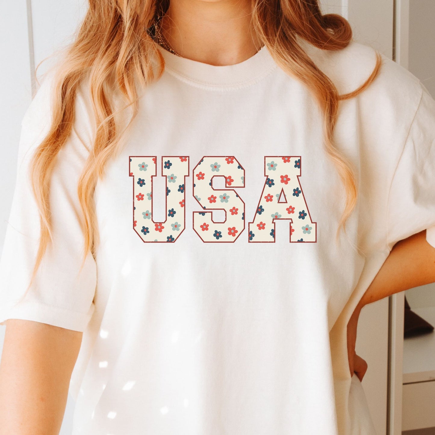 USA Floral Patriotic July 4th Memorial Day Tshirt Comfort Colors
