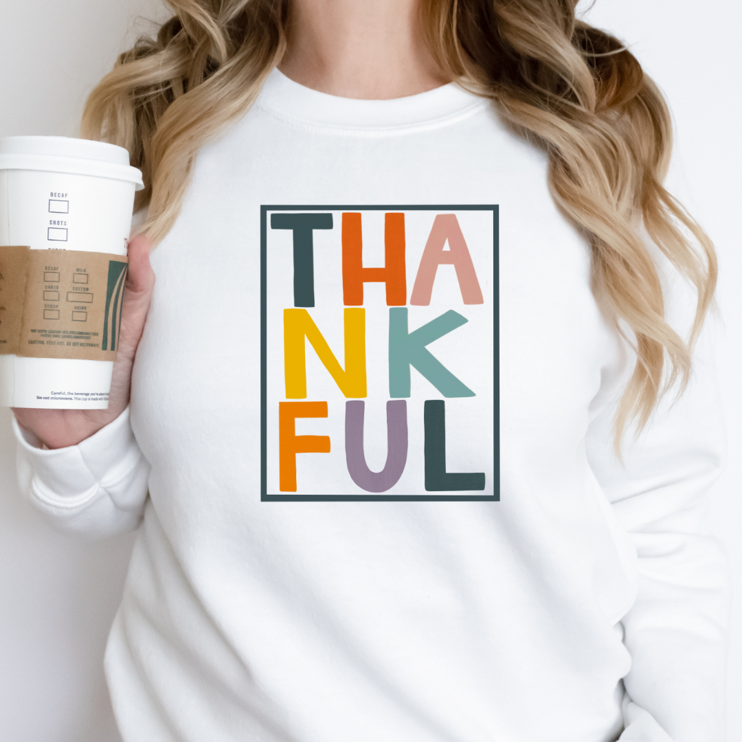 Rectangular Thankful Colorful Women's Fall Sweatshirt