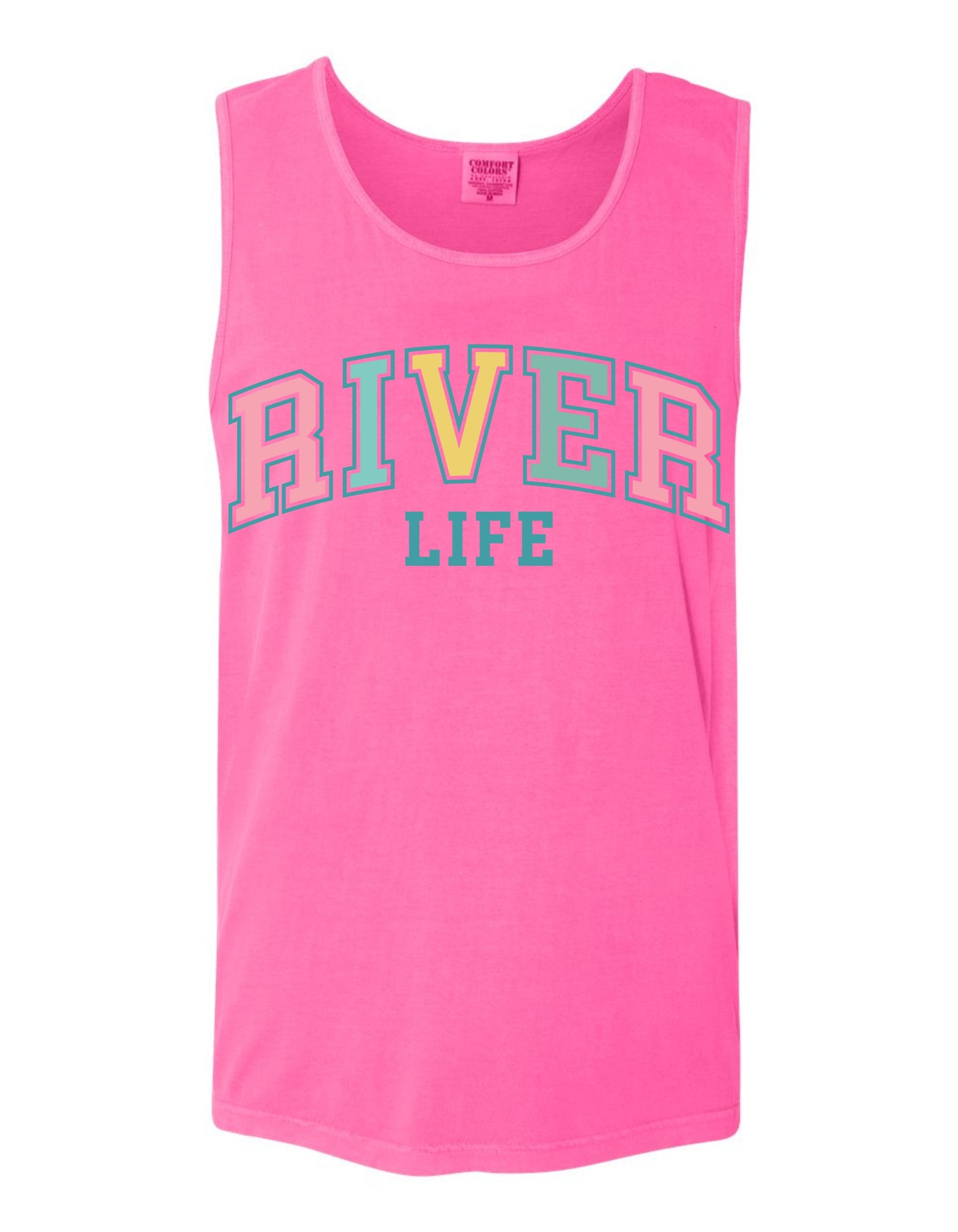 A bright pink tank top with the text "RIVER LIFE" printed on it in a colorful, stylized font.