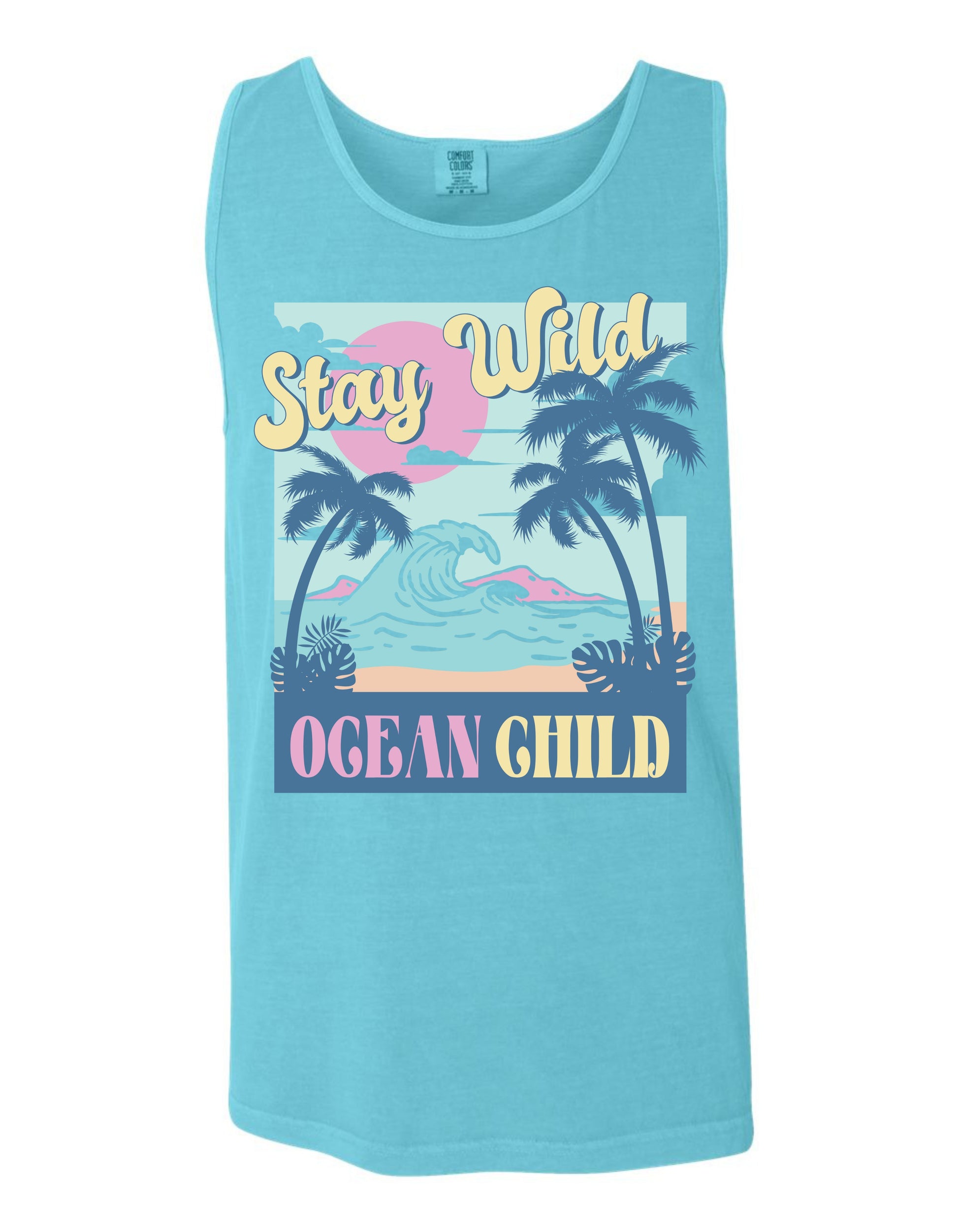 A blue tank top with a graphic design featuring palm trees, a sunset, and the text "Stay Wild Ocean Child" in a stylized font.