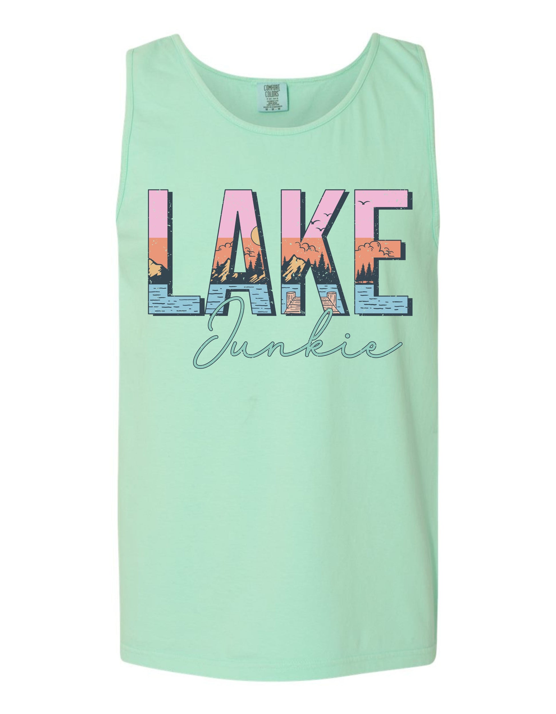 A mint green tank top with the word "LAKE" and "JUNKIE" printed on it in a stylized font.