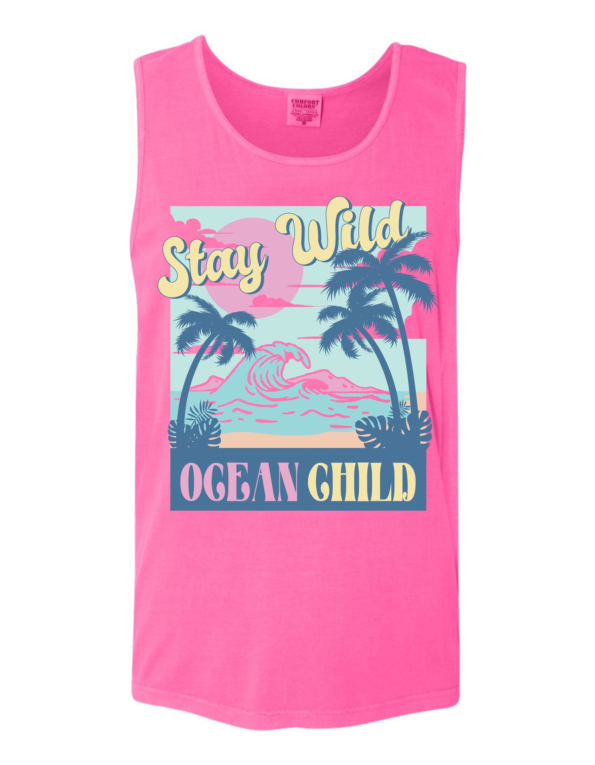 A pink tank top with a graphic design featuring palm trees, a beach scene, and the text "Stay Wild OCEAN CHILD" printed on it.