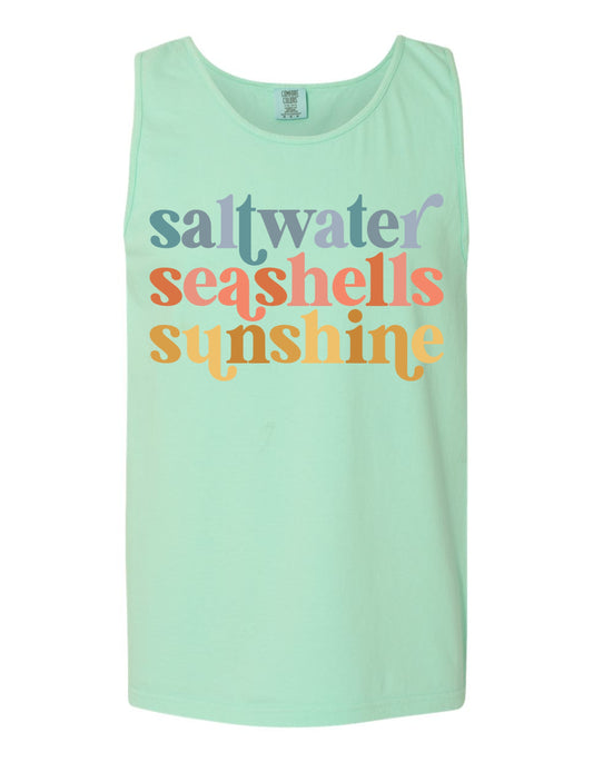 A mint green tank top with the text "saltwater seashells sunshine" printed on it in a colorful, retro-style font.