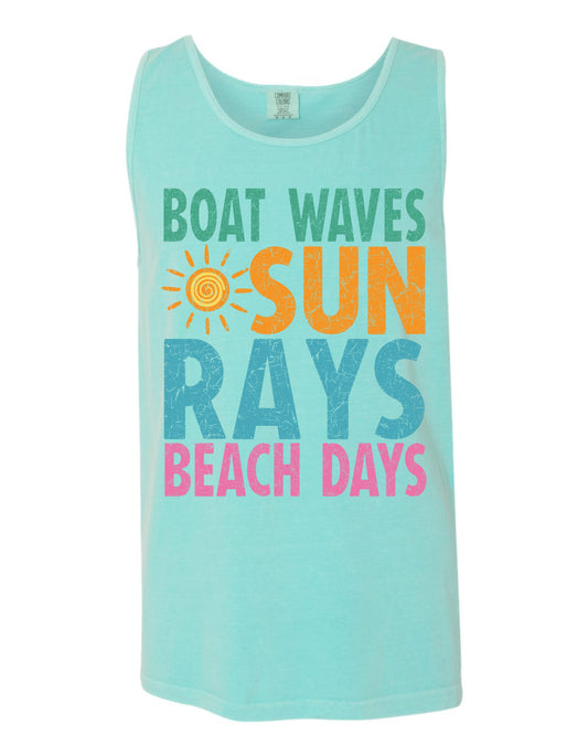 A light blue tank top with the text "BOAT WAVE SUN RAYS BEACH DAYS" printed on it.