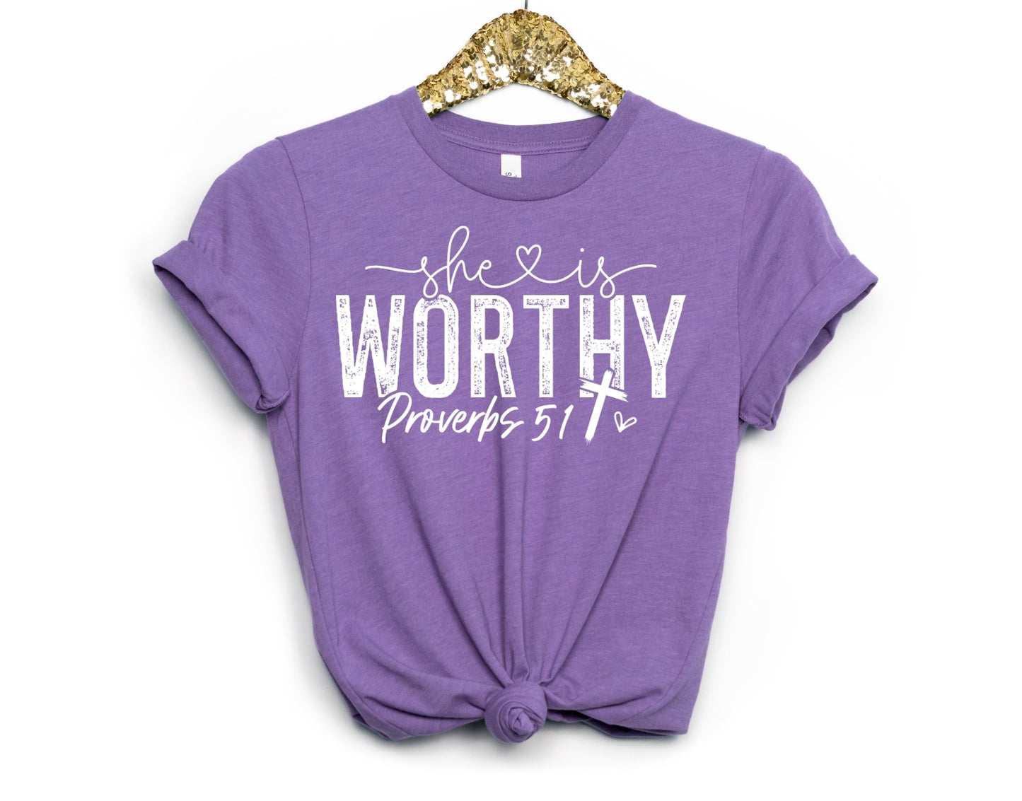 She is Worthy Religious Bible Verse T-shirt White Writing