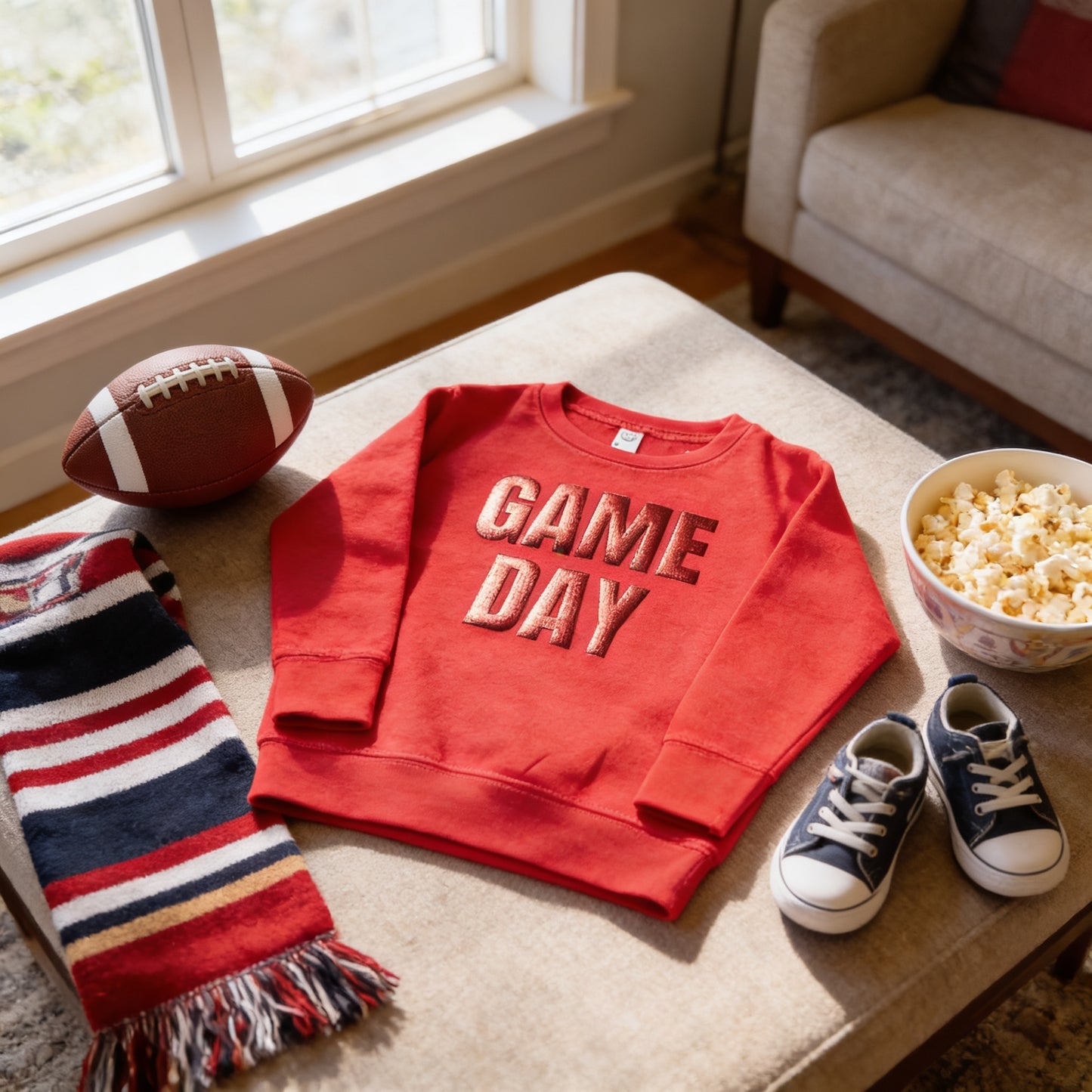 A red sweatshirt with the text "GAME DAY" on it, a football, a bowl of popcorn, and a pair of sneakers are arranged on a table.