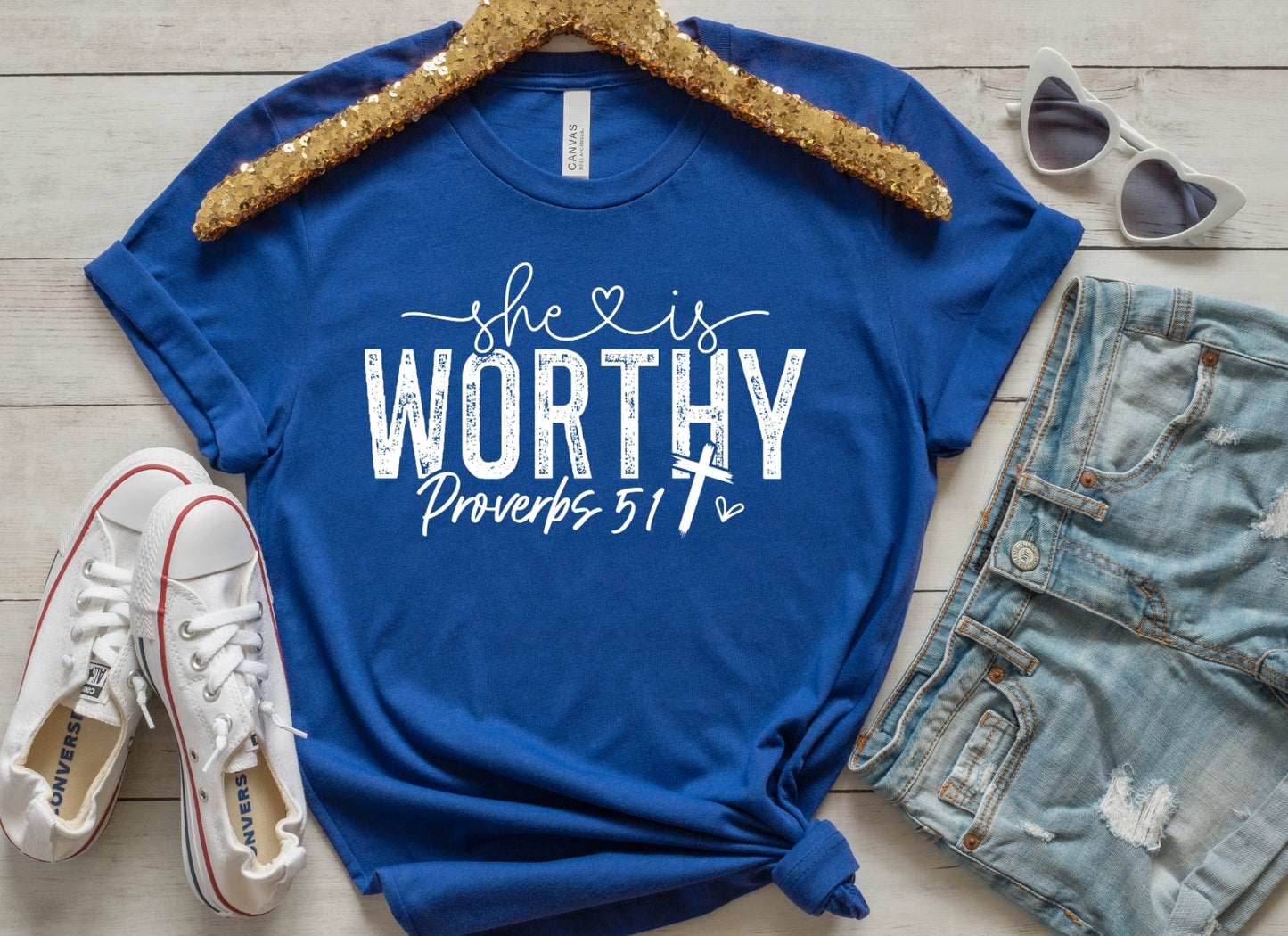 She is Worthy Religious Bible Verse T-shirt White Writing